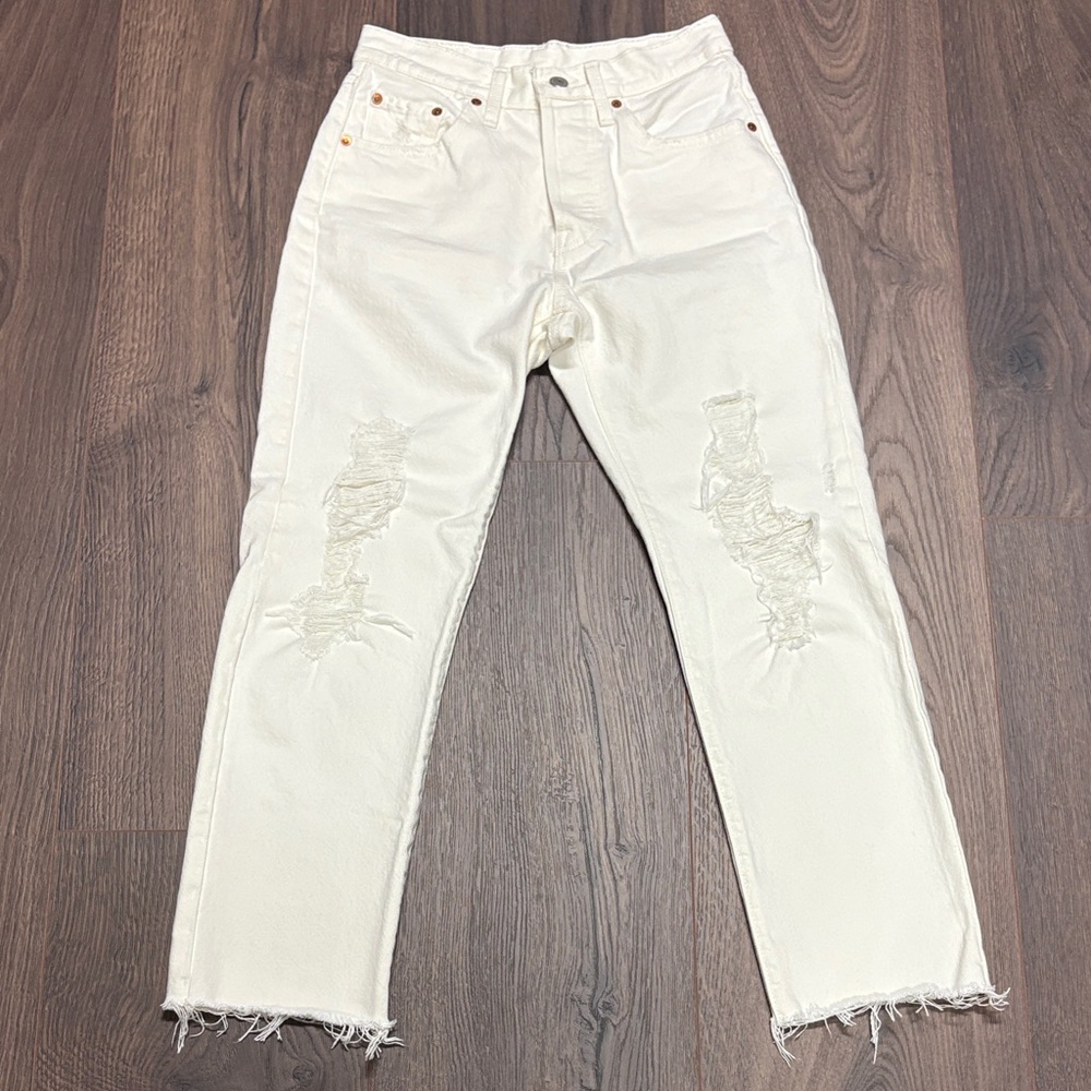 Levi’s 501 Original Distressed Cropped Jeans Off White / Cream W25 L26